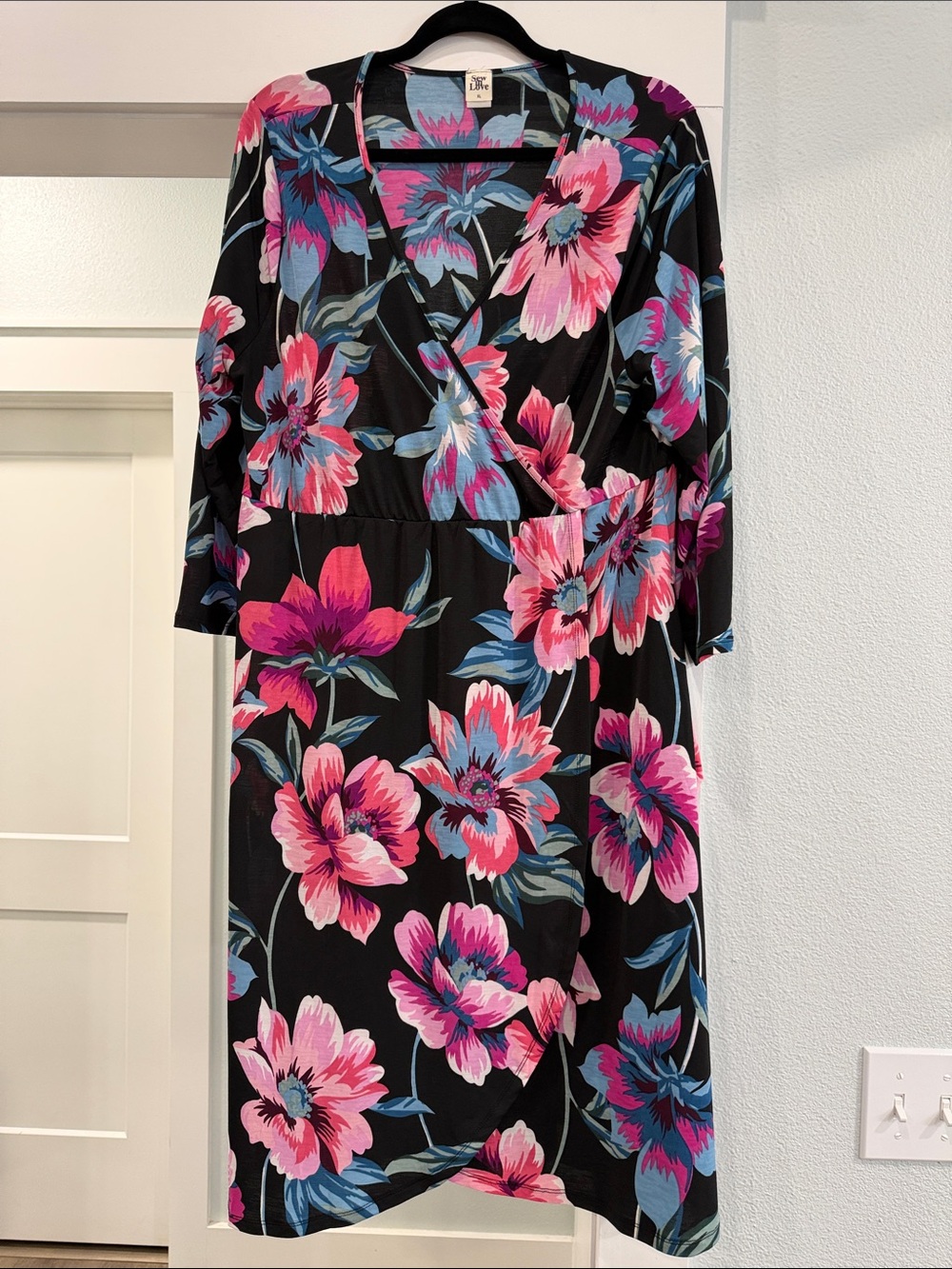 Sew In Love Black Wrap-Style Midi Dress with Pink and Blue Floral Print